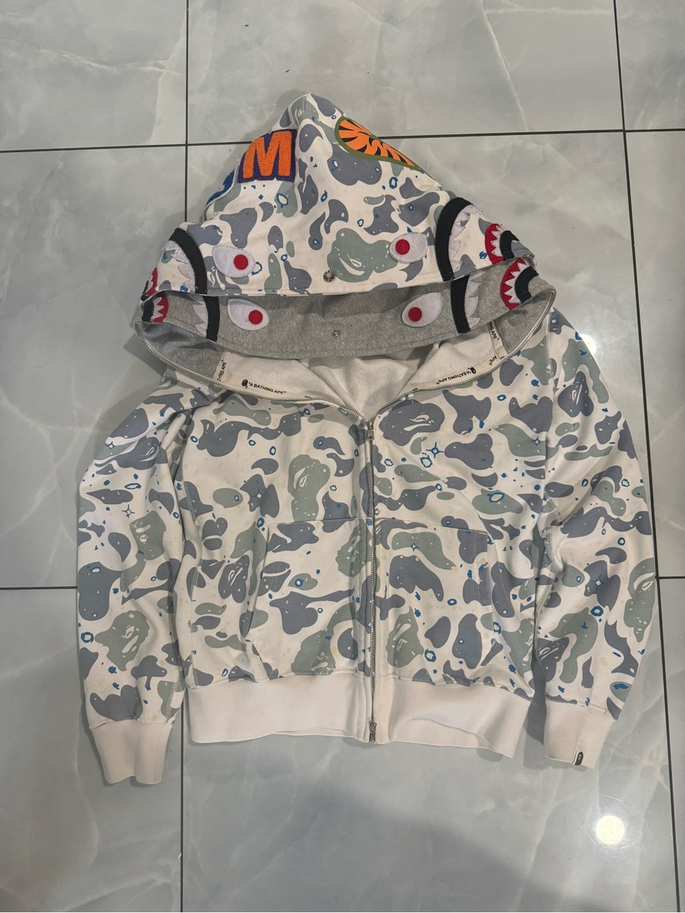 Bape White & Grey Camo Shark Zip Hoodie
